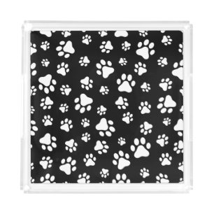 Pattern Of Paws, Paw Prints, Black and White Acrylic Tray