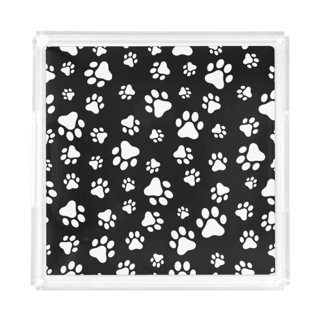 Pattern Of Paws, Paw Prints, Black and White Acrylic Tray (Front)