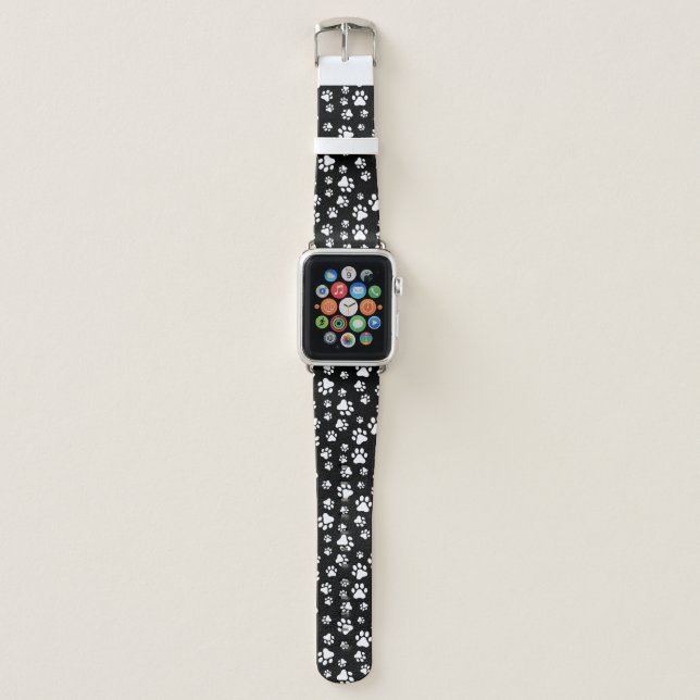 Pattern Of Paws, Paw Prints, Black and White Apple Watch Band (Front)