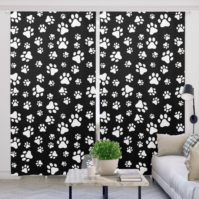 Pattern Of Paws, Paw Prints, Black and White Blackout Curtains (Living Room)