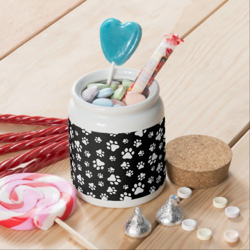 Pattern Of Paws Paw Prints Black and White Candy Jar