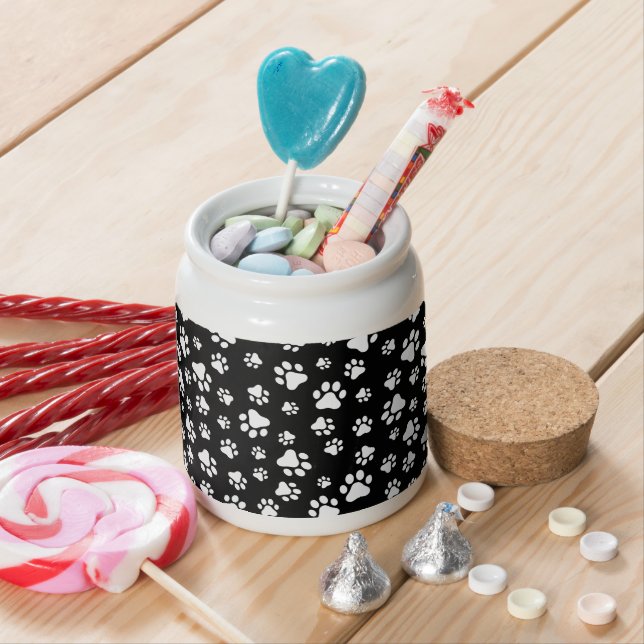 Pattern Of Paws, Paw Prints, Black and White Candy Jar (In Situ)