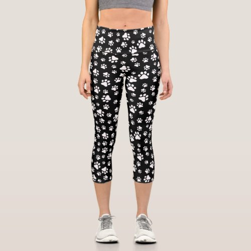 Pattern Of Paws Paw Prints Black and White Capri Leggings