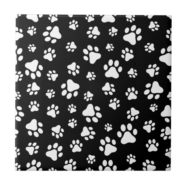Pattern Of Paws, Paw Prints, Black and White Ceramic Tile (Front)
