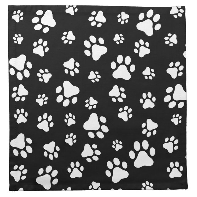 Pattern Of Paws, Paw Prints, Black and White Cloth Napkin (Front)