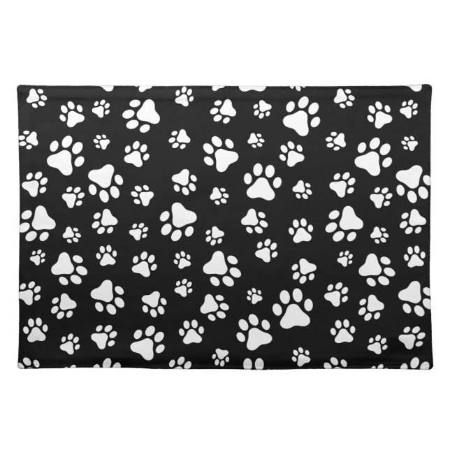 Pattern Of Paws, Paw Prints, Black and White Cloth Placemat (Front)