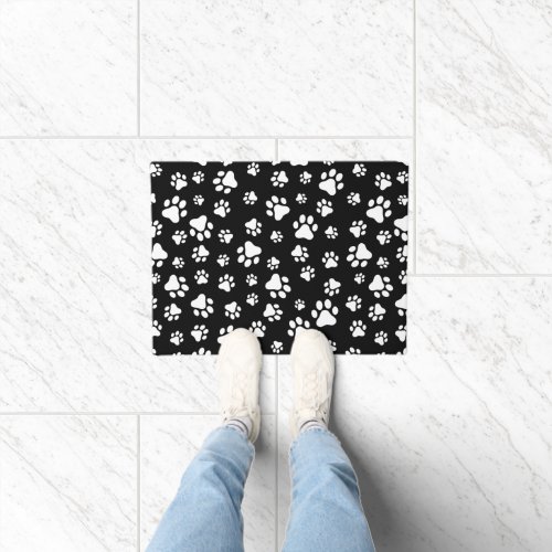 Pattern Of Paws Paw Prints Black and White Doormat