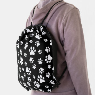 Pattern Of Paws, Paw Prints, Black and White Drawstring Bag