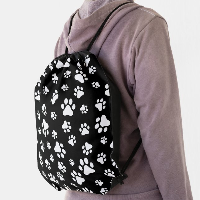 Pattern Of Paws, Paw Prints, Black and White Drawstring Bag (Insitu)