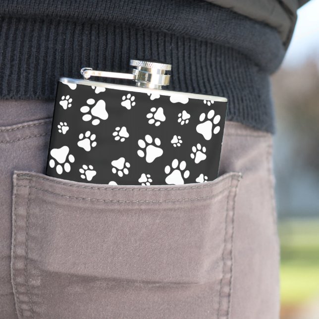 Pattern Of Paws, Paw Prints, Black and White Flask (In Situ)