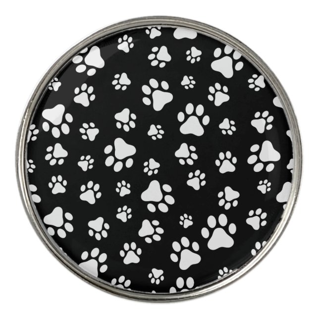 Pattern Of Paws, Paw Prints, Black and White Golf Ball Marker (Front)