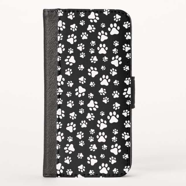 Pattern Of Paws, Paw Prints, Black and White iPhone Wallet Case (Front)