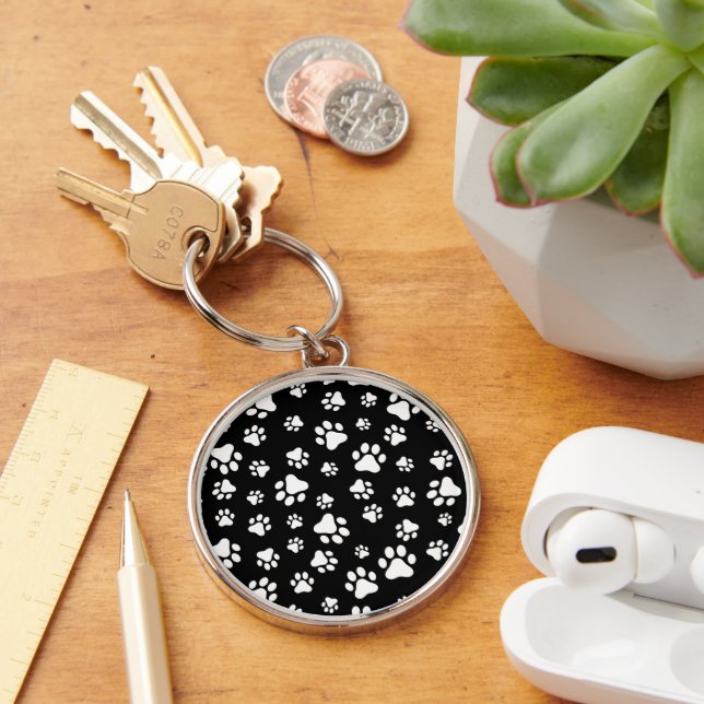 Pattern Of Paws, Paw Prints, Black and White Keychain (Desk)