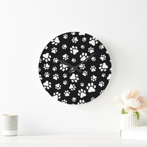 Pattern Of Paws Paw Prints Black and White Large Clock