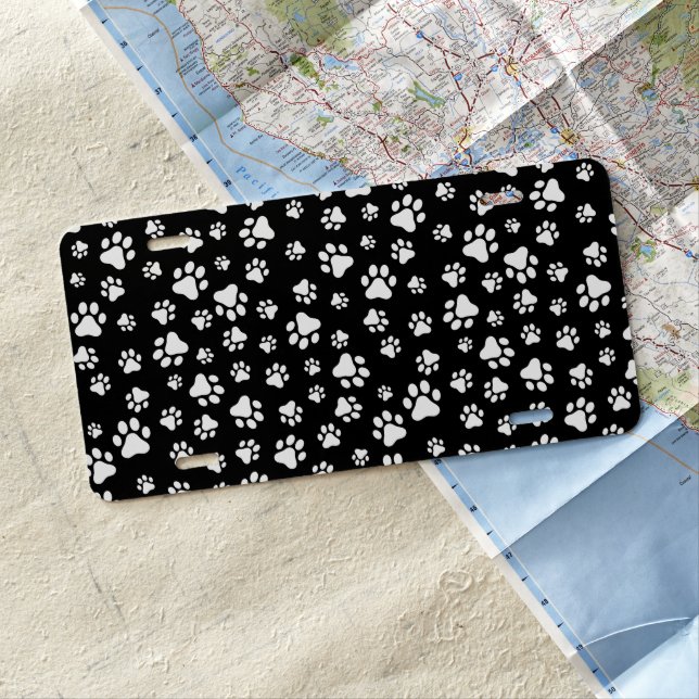 Pattern Of Paws, Paw Prints, Black and White License Plate (In Situ)