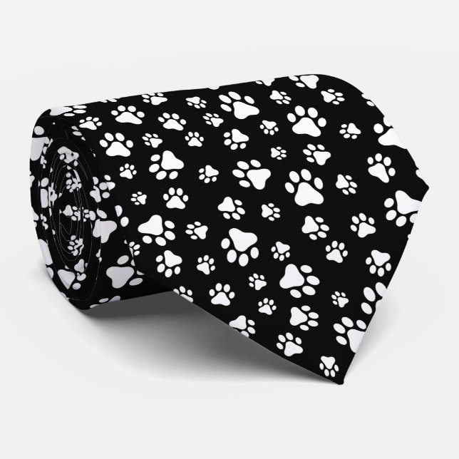 Pattern Of Paws, Paw Prints, Black and White Neck Tie (Rolled)