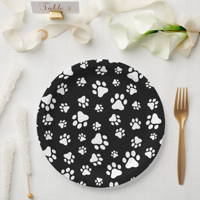 Pattern Of Paws, Paw Prints, Black and White Paper Plates (Wedding)