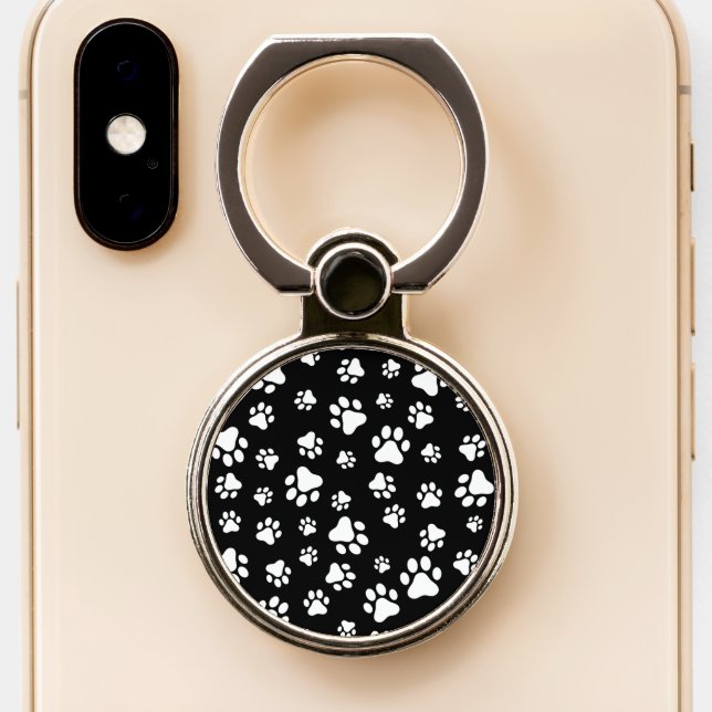 Pattern Of Paws, Paw Prints, Black and White Phone Ring Stand (Close Up)