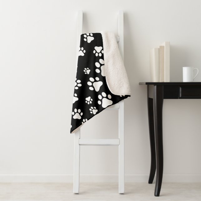 Pattern Of Paws, Paw Prints, Black and White Sherpa Blanket (In Situ)