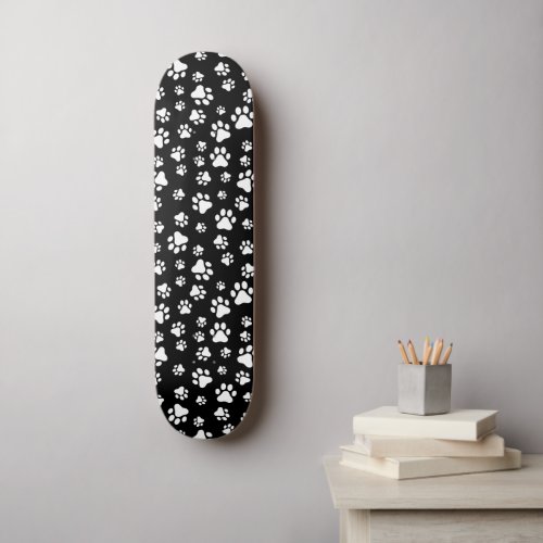 Pattern Of Paws Paw Prints Black and White Skateboard