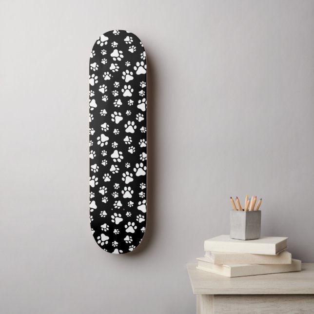 Pattern Of Paws, Paw Prints, Black and White Skateboard (Wall Art)