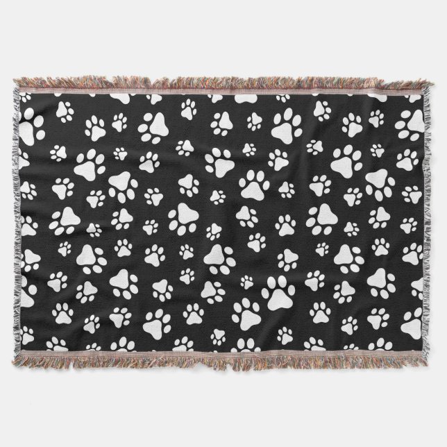 Pattern Of Paws, Paw Prints, Black and White Throw Blanket (Front)
