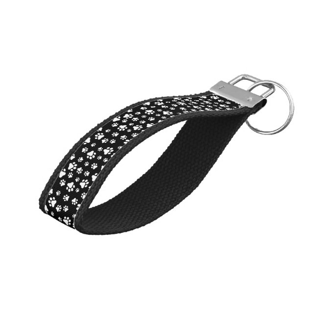 Pattern Of Paws, Paw Prints, Black and White Wrist Keychain (Angled Up)