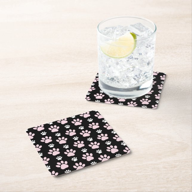 Pattern Of Paws, Pink Paws, Dog Paws, Animal Paws Square Paper Coaster (Insitu)