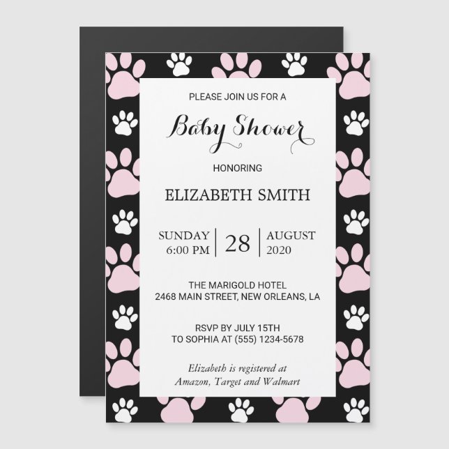 Pattern Of Paws, Pink Paws, Dog Paws, Baby Shower Magnetic Invitation (Front/Back)