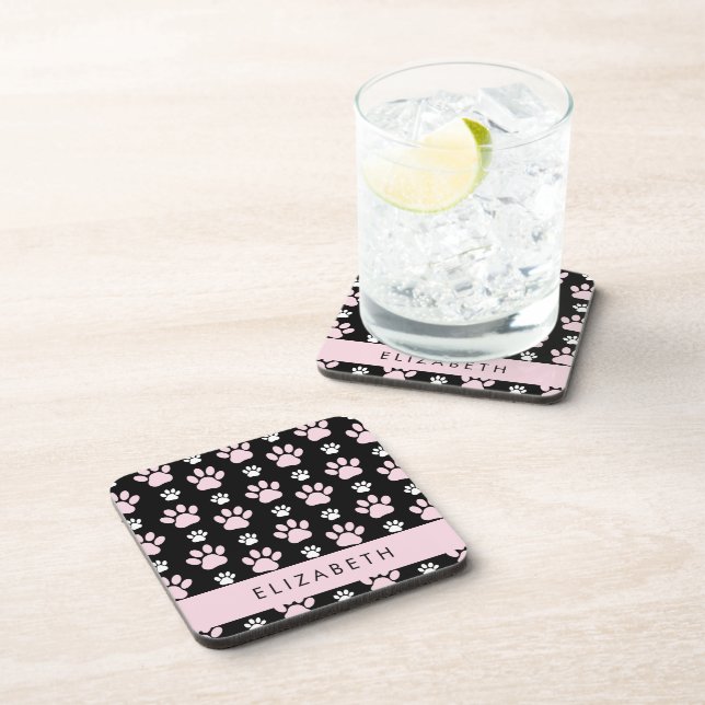 Pattern Of Paws, Pink Paws, Dog Paws, Your Name Beverage Coaster (Right Side)