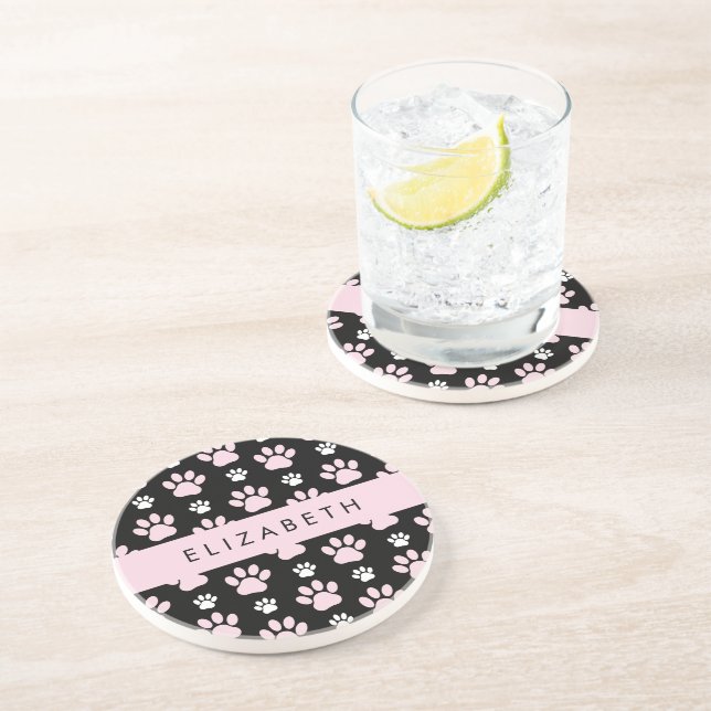 Pattern Of Paws, Pink Paws, Dog Paws, Your Name Coaster (Side)