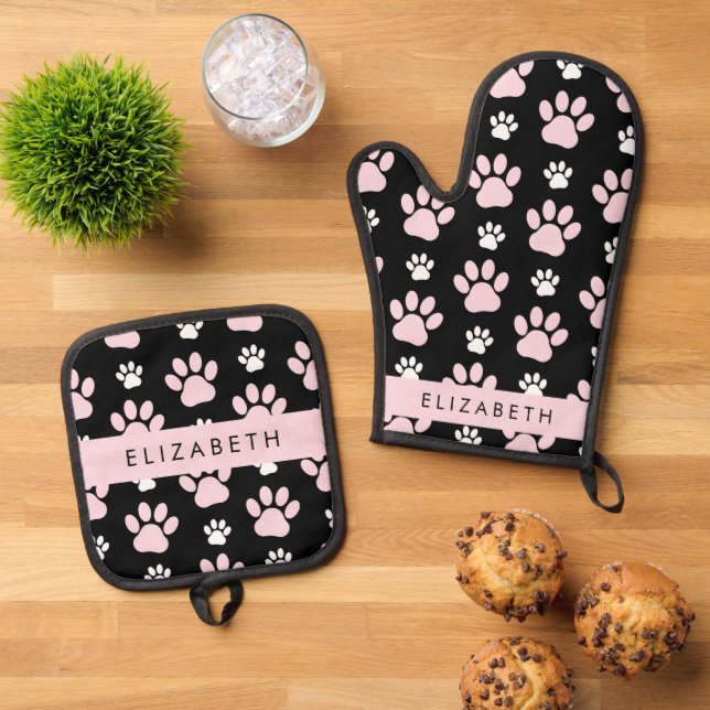 Pattern Of Paws, Pink Paws, Dog Paws, Your Name Oven Mitt & Pot Holder Set (Top Down)