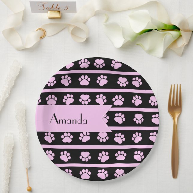 Pattern Of Paws, Pink Paws, Dog Paws, Your Name Paper Plates (Wedding)