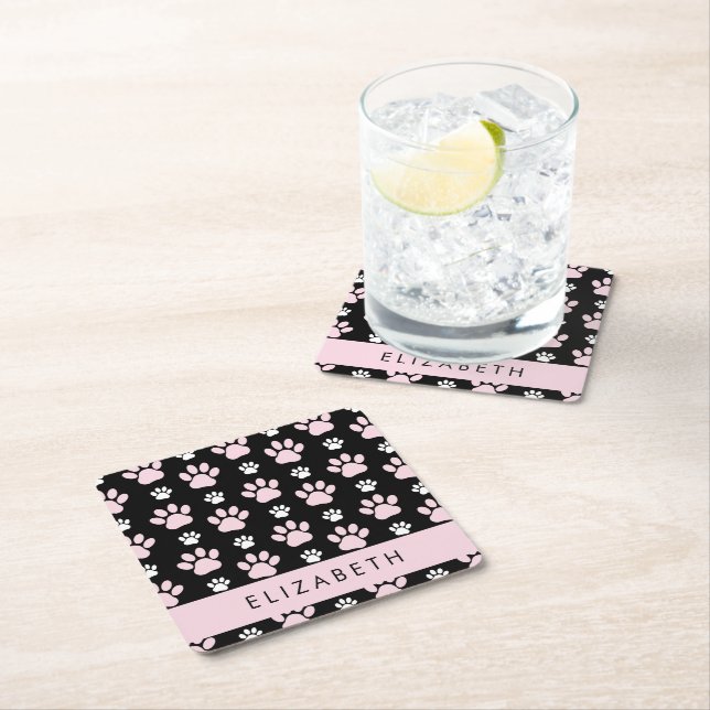 Pattern Of Paws, Pink Paws, Dog Paws, Your Name Square Paper Coaster (Insitu)