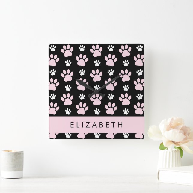 Pattern Of Paws, Pink Paws, Dog Paws, Your Name Square Wall Clock (Home)