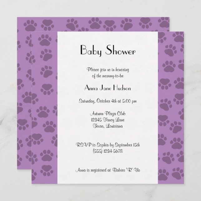 Pattern Of Paws, Purple Paws, Baby Shower Invitation (Front/Back)