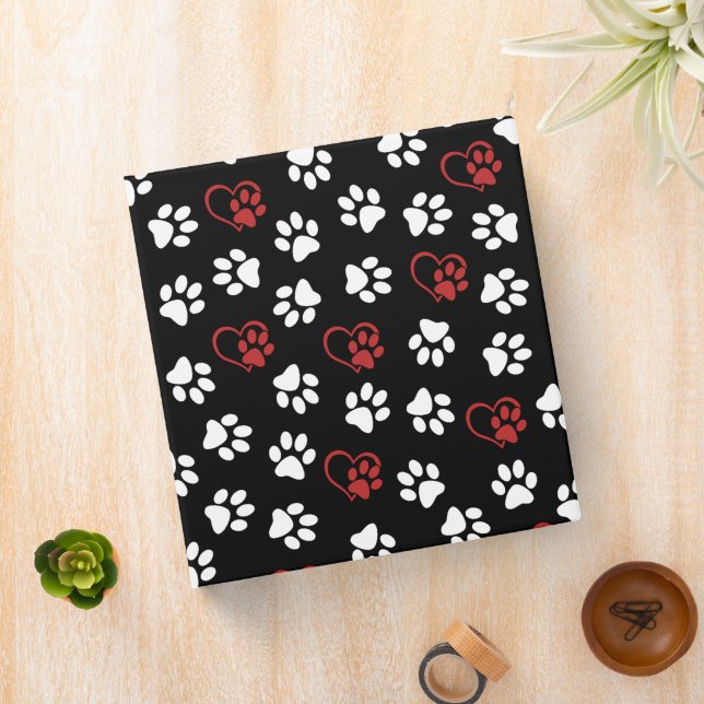 Pattern Of Paws, White Paws, Red Paws, Hearts 3 Ring Binder (In Situ)