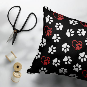 Pattern Of Paws, White Paws, Red Paws, Hearts Accent Pillow
