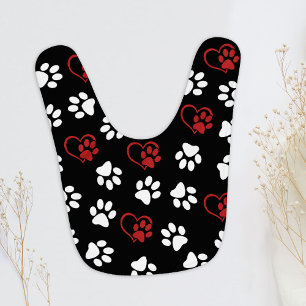 Pattern Of Paws, White Paws, Red Paws, Hearts Baby Bib