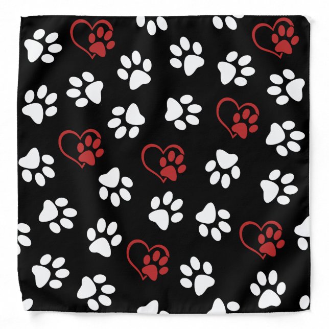 Pattern Of Paws, White Paws, Red Paws, Hearts Bandana (Front)