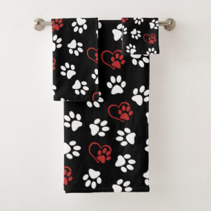 Pattern Of Paws, White Paws, Red Paws, Hearts Bath Towel Set