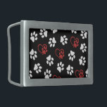 Pattern Of Paws, White Paws, Red Paws, Hearts Belt Buckle<br><div class="desc">Cute,  fun and adorable pattern with white paws and red and hearts on black background. Modern and trendy gift,  perfect for the dog lover in your life.</div>