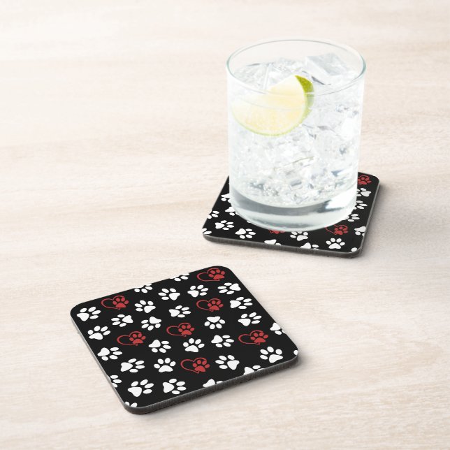 Pattern Of Paws, White Paws, Red Paws, Hearts Beverage Coaster (Right Side)