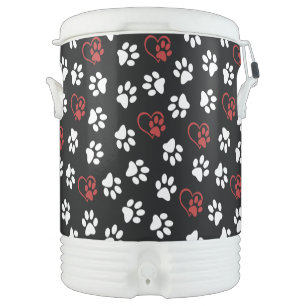 Pattern Of Paws, White Paws, Red Paws, Hearts Beverage Cooler