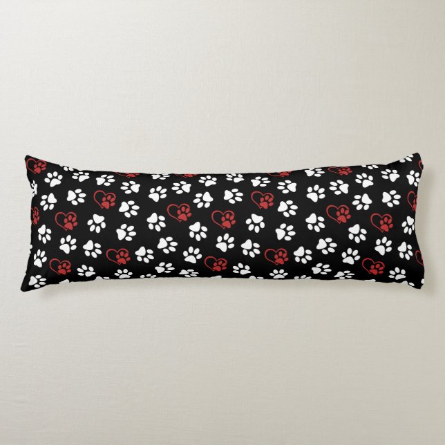 Pattern Of Paws, White Paws, Red Paws, Hearts Body Pillow (Front)