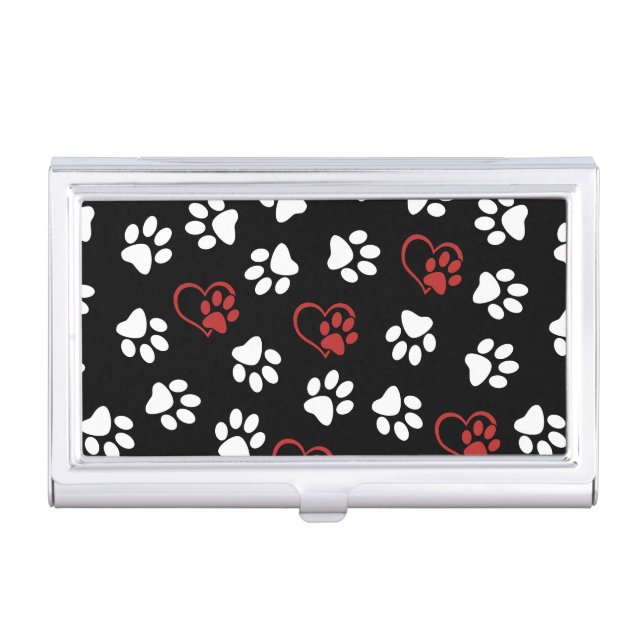 Pattern Of Paws, White Paws, Red Paws, Hearts Business Card Case (Front)