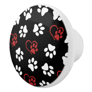 Pattern Of Paws, White Paws, Red Paws, Hearts Ceramic Knob