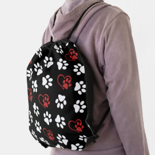 Pattern Of Paws, White Paws, Red Paws, Hearts Drawstring Bag