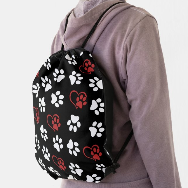 Pattern Of Paws, White Paws, Red Paws, Hearts Drawstring Bag (Insitu)