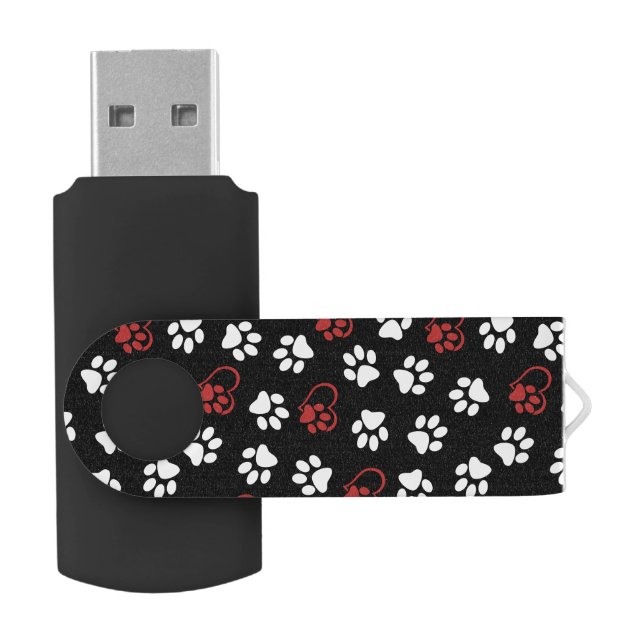 Pattern Of Paws, White Paws, Red Paws, Hearts Flash Drive (Opened)